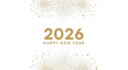 Happy new year 2026 greeting card isolated on transparent background featuring golden fireworks and a festive message for a bright and joyful celebration
