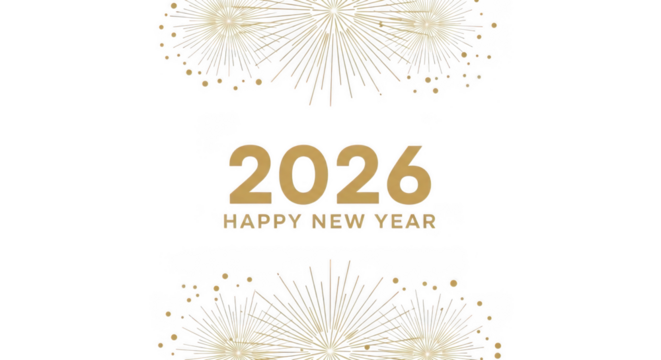 Happy new year 2026 greeting card isolated on transparent background featuring golden fireworks and a festive message for a bright and joyful celebration