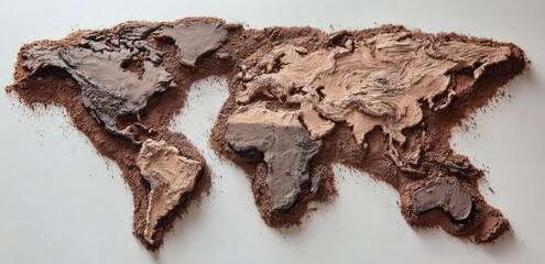 Earth map made of sculpted textured material, with continents in varying brown shades, on white background