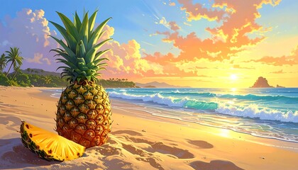 Rendered beach scene with a large pineapple and ocean sunset