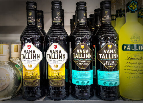 Traditional alcoholic drink Vana Tallinn liqueur on the shelf in a super store