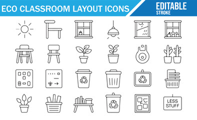 Set of Sustainable Classroom Icons with Recycle, Plant, and Energy Symbols