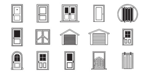 Collection of various architectural door designs and styles in black and white line art illustration