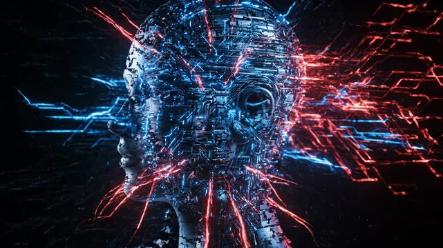 Abstract representation of artificial intelligence with a humanlike head composed of circuits and glowing lines, symbolizing technology and the future