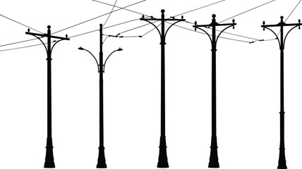 Flat vector silhouette, trolley utility poles with overhead wires, electricity distribution system, streetcar infrastructure, electrical grid, urban energy, industrial design illustration