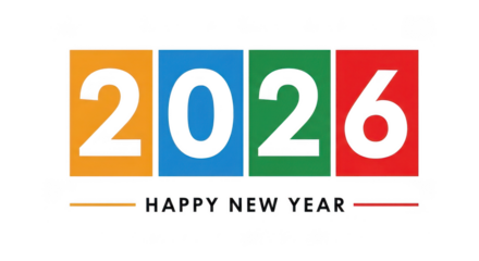 Happy new year 2026 text with colorful blocks isolated on transparent background