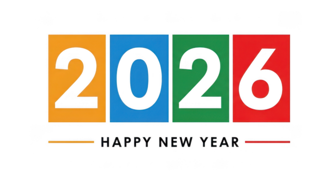 Happy new year 2026 text with colorful blocks isolated on transparent background