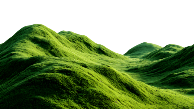 Lush green hills covered in grass against a transparent background landscape