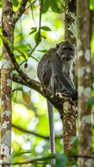 Wildlife in tropical rainforest with monkey sitting on tree surrounded by lush greenery showing biodiversity and natural jungle habitat