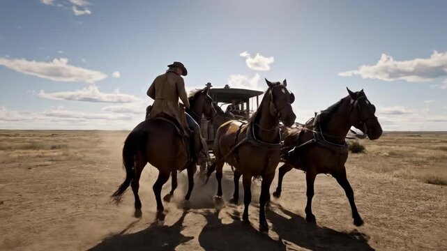 Cowboy riding a horse next to a stagecoach in the American old west. A cinematic journey across a vast, sunny prairie. Western frontier and adventure concept