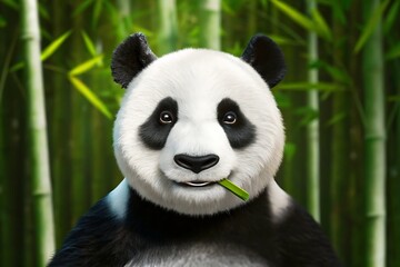 Fototapeta premium Adorable Panda Eating Bamboo in Green Forest – 8K Realistic Wildlife Portrait
