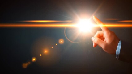 Finger interacting with glowing light and lens flare effect on a dark background, conceptualizing technology, innovation, and digital interface. - Powered by Adobe