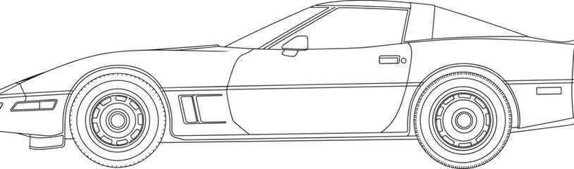 Sports car line drawing, classic vehicle sketch, side profile illustration, retro car design, black and white outline, automotive concept art