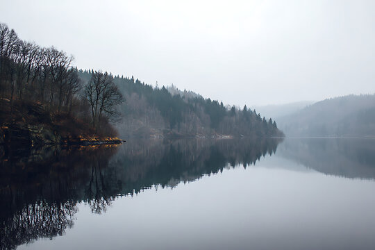 Tranquil lake mirrors misty forest and bare trees under a serene, overcast sky creating a peaceful, moody natural landscape scene