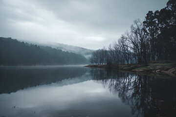 Misty morning lake reflects serene forest landscape with bare trees and calm water creating a tranquil, atmospheric scene for nature lovers