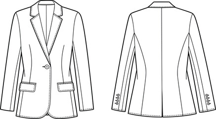 Tailored blazer fashion illustration, technical garment sketch, front and back view, single breasted jacket design, sewing pattern drawing, clothing design template