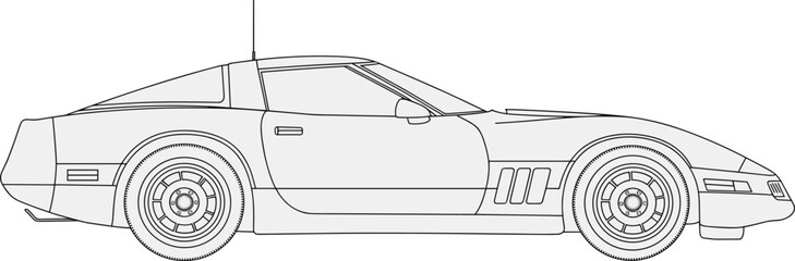 Sleek sports car side view, black and white line drawing, modern vehicle design, aerodynamic automobile sketch, luxury car illustration, technical artwork