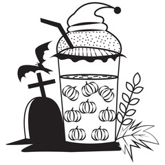 Halloween pumpkin spice latte with santa hat, bat and tombstone