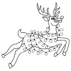 Funny reindeer with christmas lights for coloring book and decoration