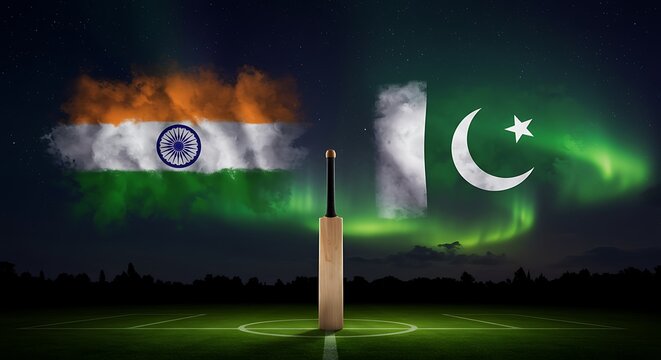 Intense cricket rivalry India versus Pakistan with flags painted in the sky over the stadium promising thrilling matches and unforgettable moments