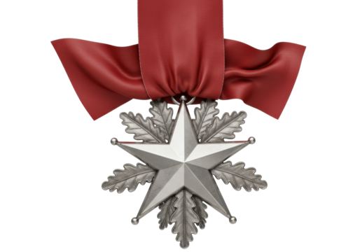 Isolated military medal with red ribbon on top, seven-pointed star shape, metallic elements