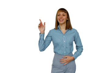 Woman businesswoman pointing gesture, smiling professional presenting new idea, explaining on transparent background