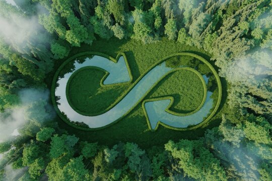 Circular economy symbol formed by roads in a lush green forest