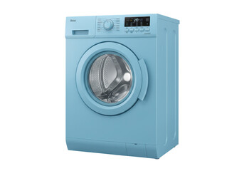 Isolated front-loading washing machine in blue, modern household appliance, home laundry
