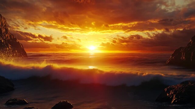 Dramatic ocean sunset with waves crashing on rocky shore under vibrant orange sky