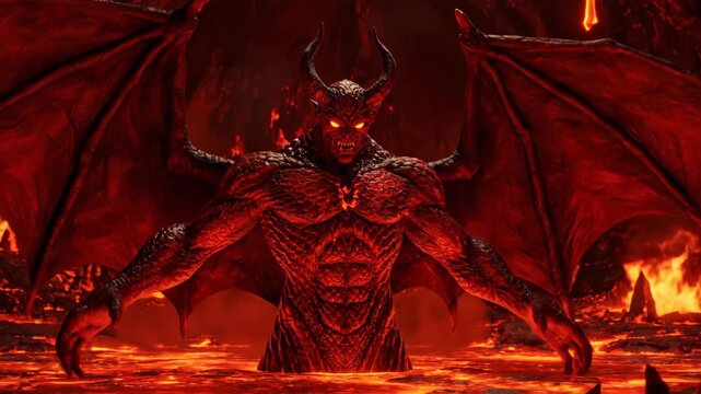 A powerful demon rises from a pool of molten lava in hell. An evil monster with glowing eyes and large wings emerges from the fire. Vertical 3D animation of a mythological creature