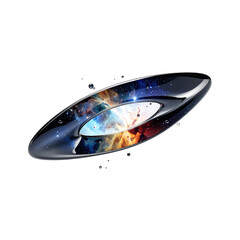 Abstract cosmic nebula encased in a sleek, futuristic metallic frame with shimmering droplets.