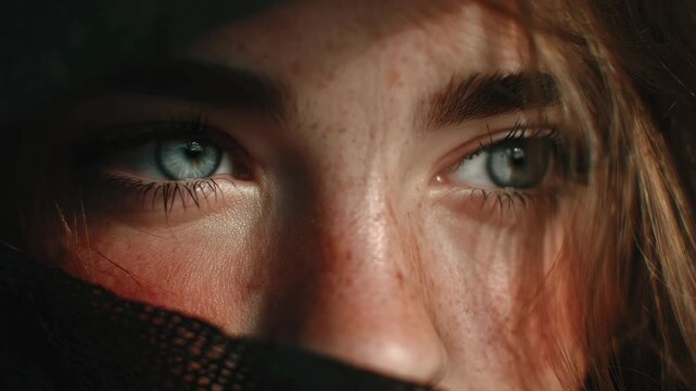 Close-up of a woman's captivating blue eyes and freckled face.