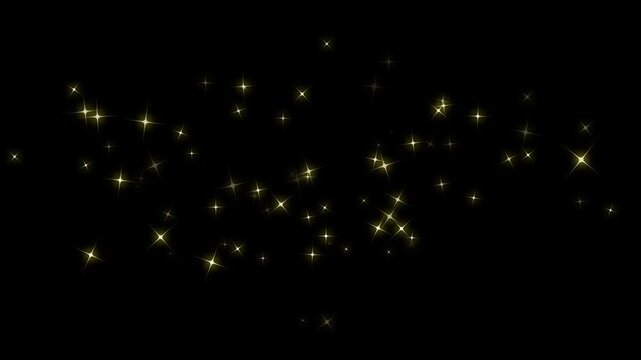 Glowing sparkle golden stars animation, twinkling glitter stars motion graphics, comic manga flashes, glitter FX, particle magic star dust trail loop, sparkling cartoon stars on black background. 4k