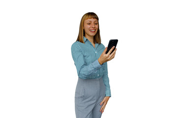 Naklejka premium Young businesswoman on a video call using smartphone, laughing and smiling, transparent background