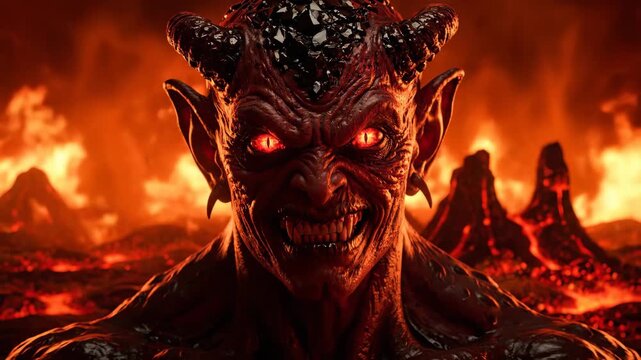 The face of a menacing devil with glowing red eyes in a fiery hell. A sinister demon creature with an evil grin. Digital horror and fantasy animation