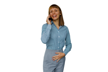 Happy young woman laughing and talking on mobile phone, enjoying conversation for business or personal call