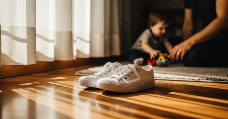 New sneakers sit by sunlit window as mom and child play. New sneakers, white footwear, ready to wear, as mom and child enjoy playtime together. Concept new sneakers purchase,
