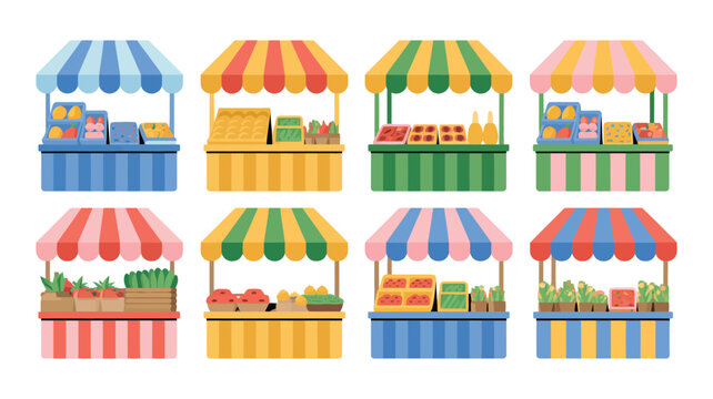 Collection of colorful market stalls with fresh produce and goods