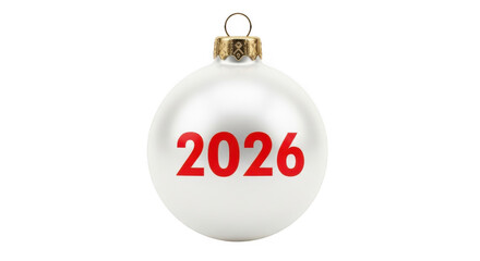 A festive white christmas ornament with the year 2026 in red, isolated on transparent background, symbolizing the upcoming holiday season and new year