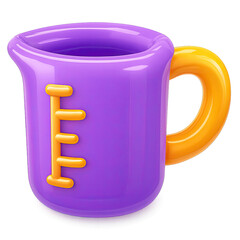Vibrant 3D Render of a Glossy Purple Measuring Cup with a Bright Orange Handle and Clear Measurement Scale, Ideal for Kitchen, Lab, or Educational Graphics, Featuring a Smooth, Playful Design for Digi