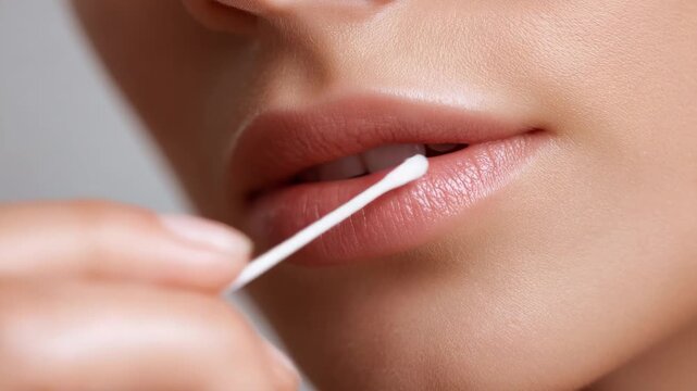 Close-up of a woman's lips being swabbed with a cotton bud
