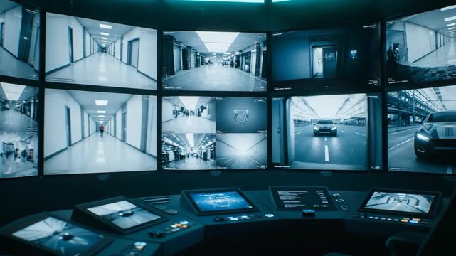 Futuristic security control room with a wall of CCTV surveillance monitors. High-tech command center tracking data and footage from multiple cameras. Technology and monitoring concept