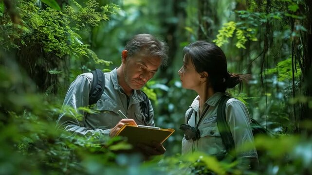 A man and a woman, two committed ecologists, work together in a verdant forest setting, meticulously gathering soil samples for environmental research as the guy writes information on a clipboard.