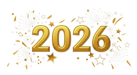 Golden 2026 text with fireworks and confetti, isolated on transparent background