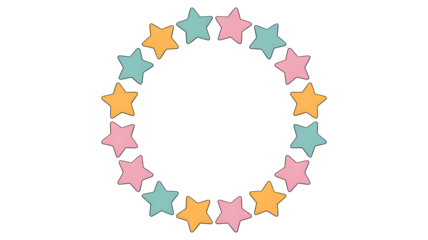 A whimsical oval frame made of colorful pastel stars in various shades of pink blue and yellow isolated on transparent background