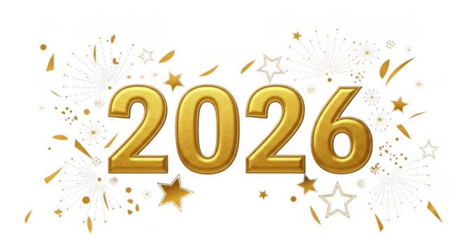 Golden 2026 text with fireworks and confetti, isolated on transparent background