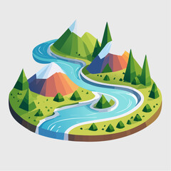 Obraz premium Stylized Isometric Landscape with River and Mountains.