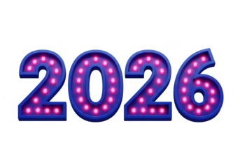 The year 2026 in a retro neon light style, isolated on transparent background, perfect for new years eve celebrations and futuristic designs