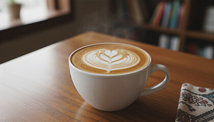 Coffee cup with heart pattern on latte art, cozy atmosphere, wooden table