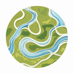 Topdown view of a winding river system in a green landscape.